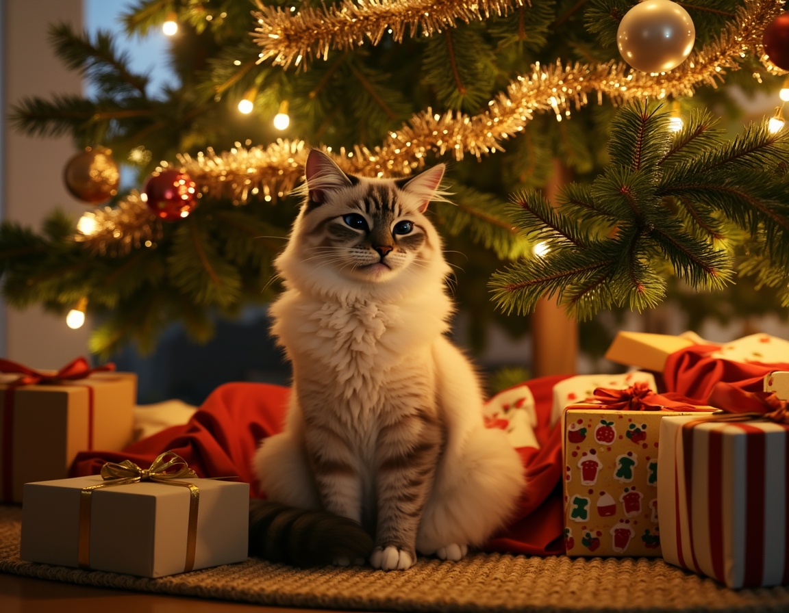 Cat sitting under a beautifully decorated Christmas tree, surrounded by twinkling lights, ornaments, and wrapped presents, with a warm, cozy glow.